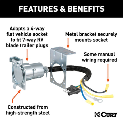 CURT 57185 4-Way Flat To 7-Way Round RV Blade Wiring Adapter
