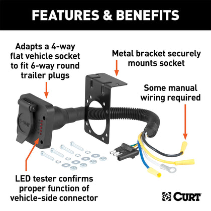 CURT 57626 4-Way Flat To 7-Way Round RV Blade Wiring Adapter