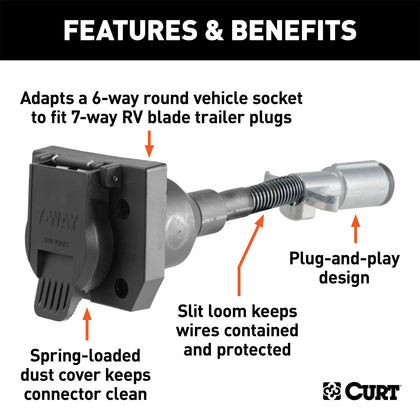 CURT 57667 6-Way Plug To 7-Way Socket Wiring Adapter