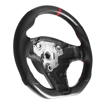 2018-2022 Tesla Model 3 - Real Carbon Fiber / Perforated Leather Steering Wheel (Red Stripe) - Gloss Black