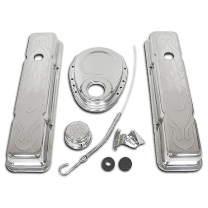 For 1958-86 Chevy Small Block Chrome Steel (Short) Engine Dress Up Kit - Flamed