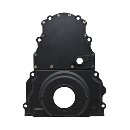 FOR CHEVY LS TWO PIECE TIMING CHAIN COVER WITH CAM SENSOR HOLE BLACK ALUMINUM