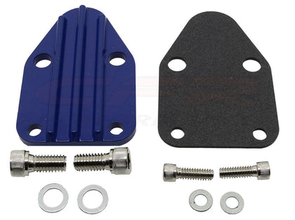For Chevy SMALL BLOCK ZINC ALLOY FUEL PUMP BLOCK OFF PLATE - BLUE
