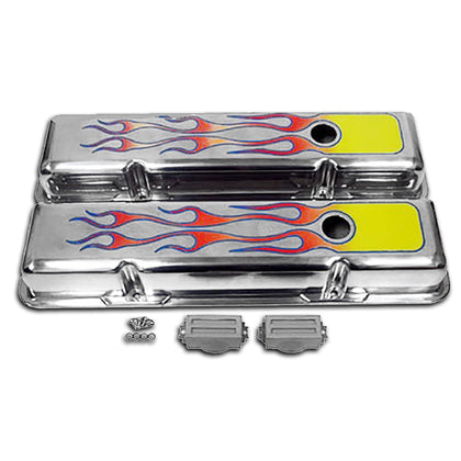 FOR 1958-86 CHEVY SMALL BLOCK SHORT POLISHED VALVE COVERS WITH COLORED FLAMES