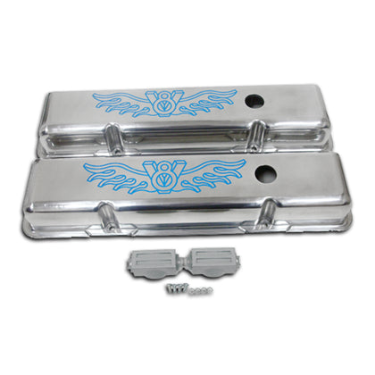 FOR 1958-86 CHEVY SMALL BLOCK SHORT POLISHED ALUMINUM VALVE COVERS BLUE V8 LOGO