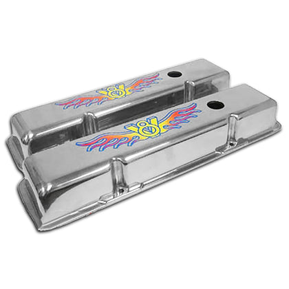FOR 1958-86 CHEVY SMALL BLOCK SHORT POLISHED Al. VALVE COVERS COLORED V8 LOGO