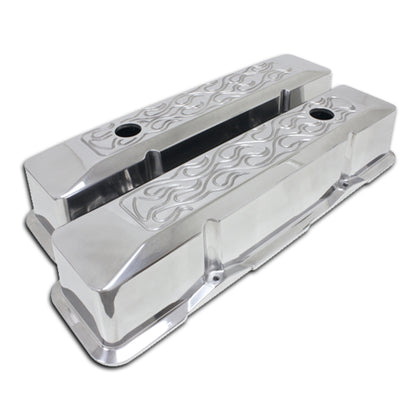 For 1958-86 Chevy Small Block Tall Polished Alum. Recessed Valve Covers - Flamed
