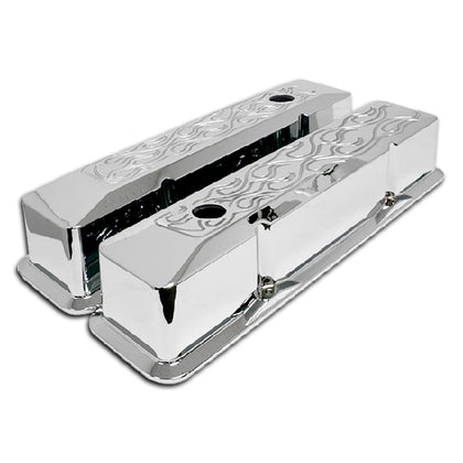 FOR 1958-86 CHEVY SMALL BLOCK TALL CHROME ALUMINUM RECESSED VALVE COVERS FLAMED