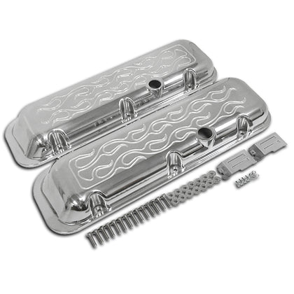 For 1965-95 Chevy Big Block Short Polished Aluminum Valve Covers - Flamed