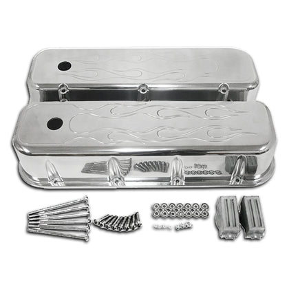 For 1965-95 Chevy Big Block Tall Polished Aluminum Valve Covers - Flamed