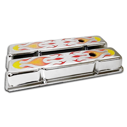 FOR 1958-86 CHEVY SMALL BLOCK SHORT STEEL VALVE COVERS 2 COLOR FLAMED