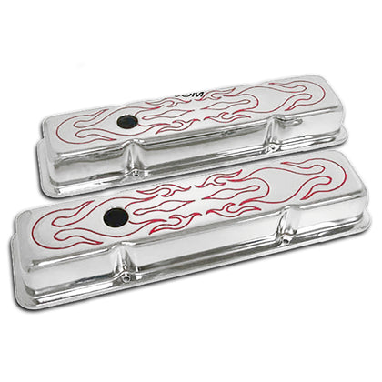 FOR 1958-1986 CHEVY SMALL BLOCK SHORT CHROME STEEL VALVE COVERS RED FLAMED