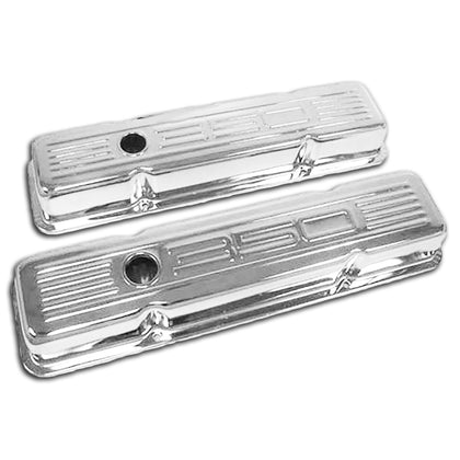 For 1958-86 CHEVY SMALL BLOCK 350 SHORT STEEL VALVE COVERS - CHROME W- 350 LOGO