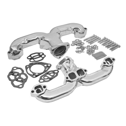 Rams Horn Exhaust Manifold Kit Silver Ceramic For 55-Up Chevy Small Block SBC