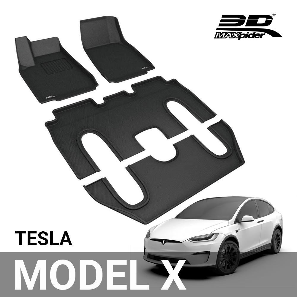 3D MAXpider Tesla Model X 6-Seater 2016-2020 (with Center Console) Custom Fit All-Weather Car Floor Mats Liners, Kagu Series (1st, 2nd & 3rd Row, Black)